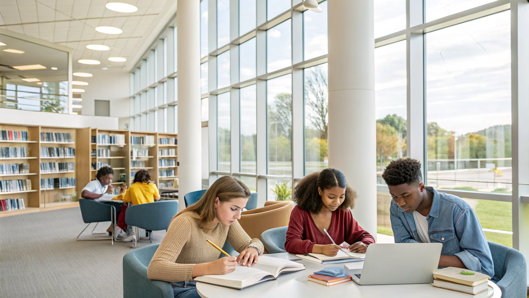 Diverse students studying in a modern library